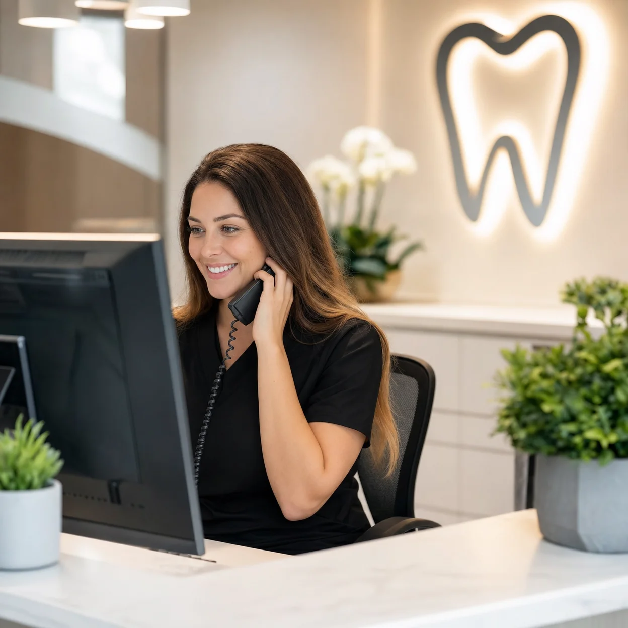 Recepcionista de clínica odontológica atendendo leads por telefone com sistema CRM